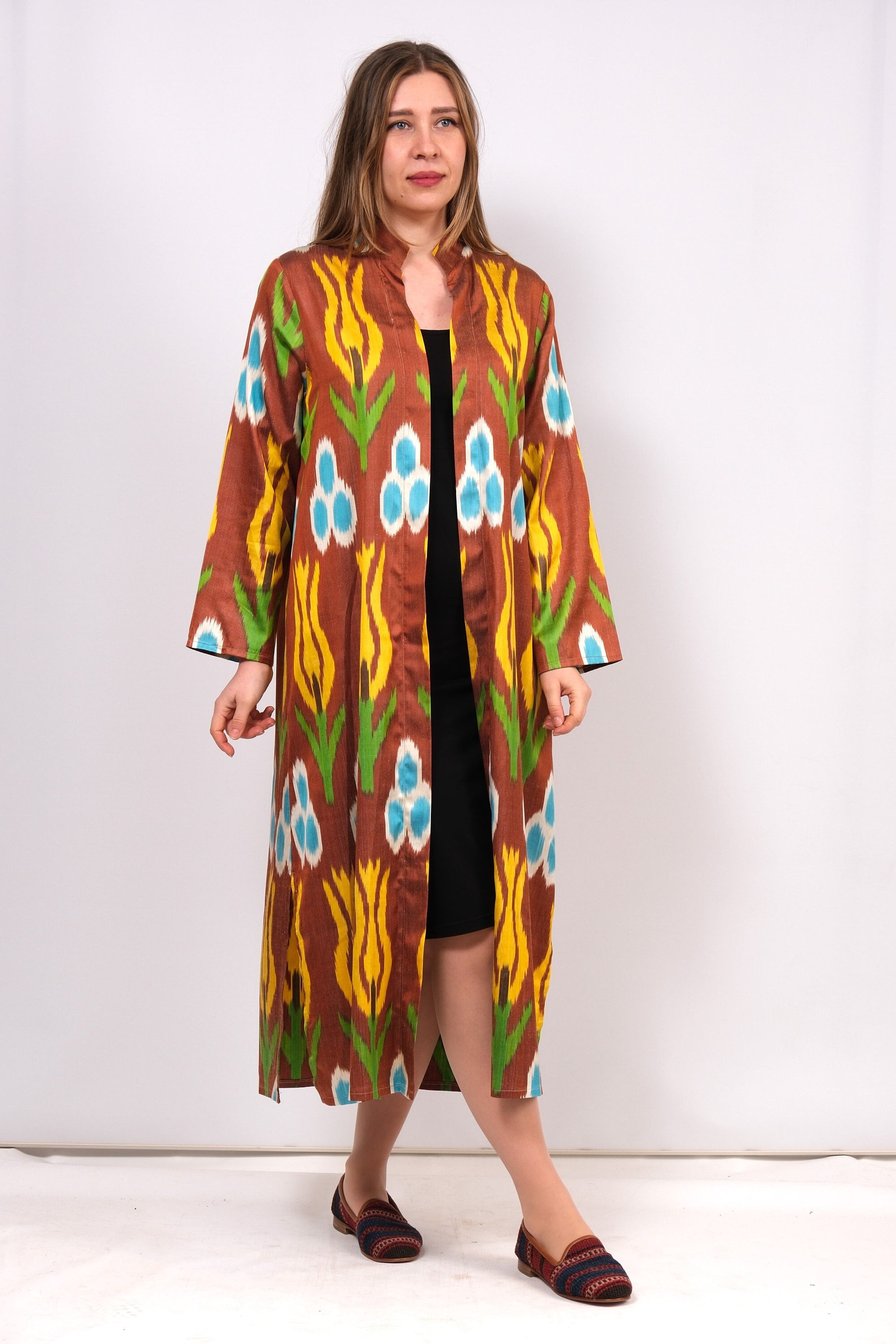 Light Blue Gold Zigzag Ikat Long Kaftan