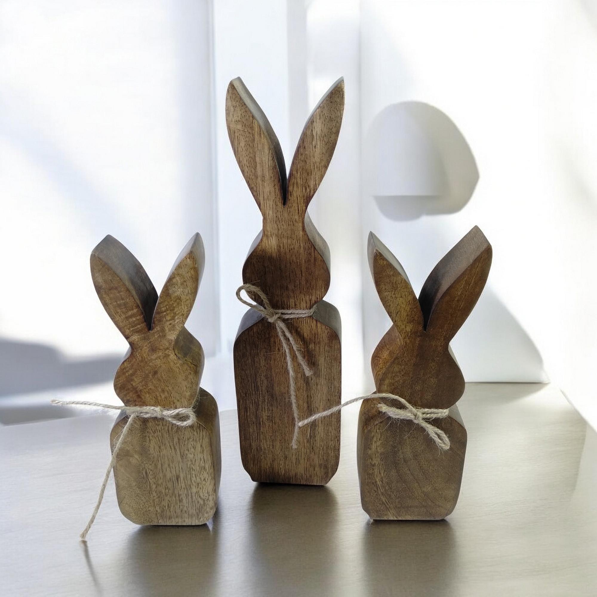 Set of 3 Rustic Wooden Bunnies With Jute Rope Neck Freestanding Brown ...