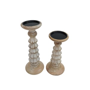 Set of 2 Wooden Christmas Tree Pillar Candle Holders - Rustic Whitewash Farmhouse Decor