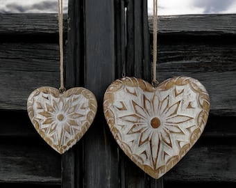 Set of 2 Handmade Mango Wood Hearts, White-Washed Carved Heart Décor, Wedding, Valentine’s, Memorial Gift, 4&quot; and 6&quot;