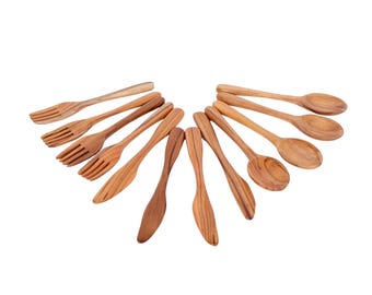 12 Piece Teak Wood Cutlery Set for Dinner, Kitchen Flatware Tableware Utensil Set Includes Spoon, Fork, Knife, Complete Set for Dinner.
