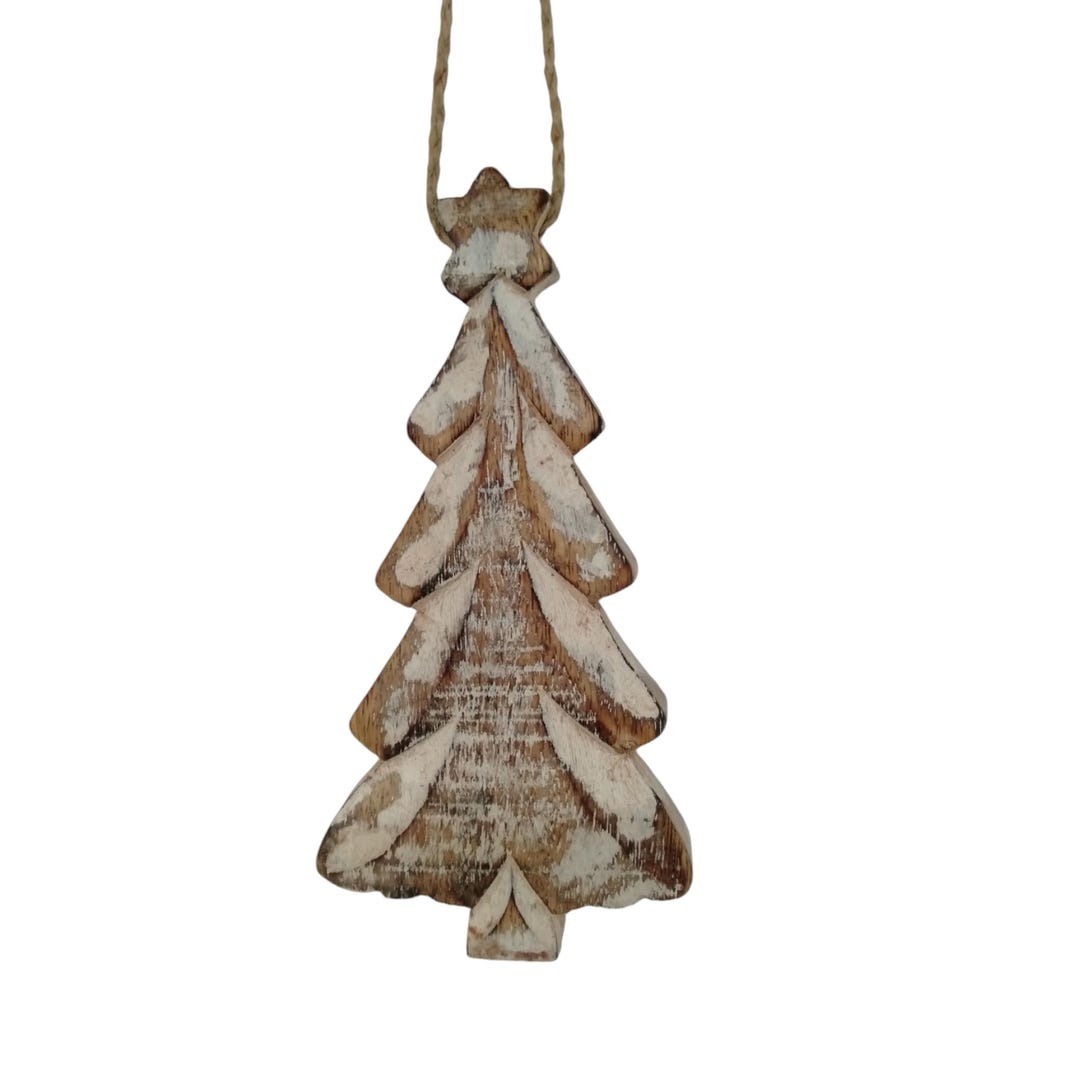 Handcrafted Rustic White Christmas Tree Ornaments - Set of 2, 6" Wooden ...