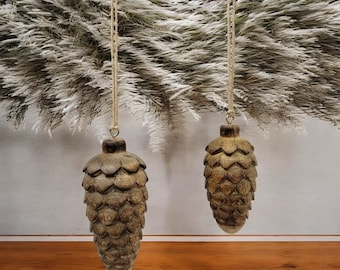 Hand-Carved Wooden Pine Cone Ornaments, Rustic Winter Decorations, Brown Pinecone Christmas, 4x2 & 3x2 Sizes
