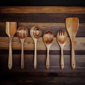 Cooking Utensil For Kitchen, Ladles & Turning Spatulas Serving and Kitchen Tools 6-Piece Teak Wooden Spoons for Cooking, Wooden Utensils.