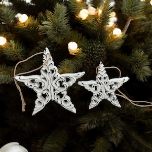 Rustic Wooden Star Ornaments, Set of 2, Hand-Carved Farmhouse Decor