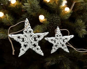 Rustic Wooden Star Ornaments, Set of 2, Hand-Carved Farmhouse Decor