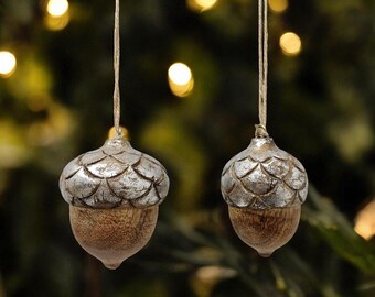 Hand-Carved Wooden Pine Cone Ornament: Brown & Silver Foil, Rustic Christmas Decor