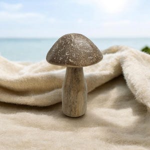 Set of 2 Wooden Mushroom Figurines - Hand carved Dark Mango Wood, 6&quot; and 5&quot;, Farmhouse & Christmas Decor
