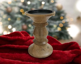 Rustic Mango Wood Candle Holder - Burnt Brown 4x4x6&quot; - Modern Farmhouse Decor for Home, Dining, or Bedroom.