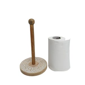 Porta-toalhas de papel de madeira de manga - Suporte de bancada marrom e branco antigo