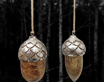Hand-Carved Wooden Pine Cone Ornament: Rustic Silver Foiled Winter Decor
