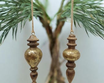Hand-Carved Wooden Christmas Ornament: Brown with Gold Foil