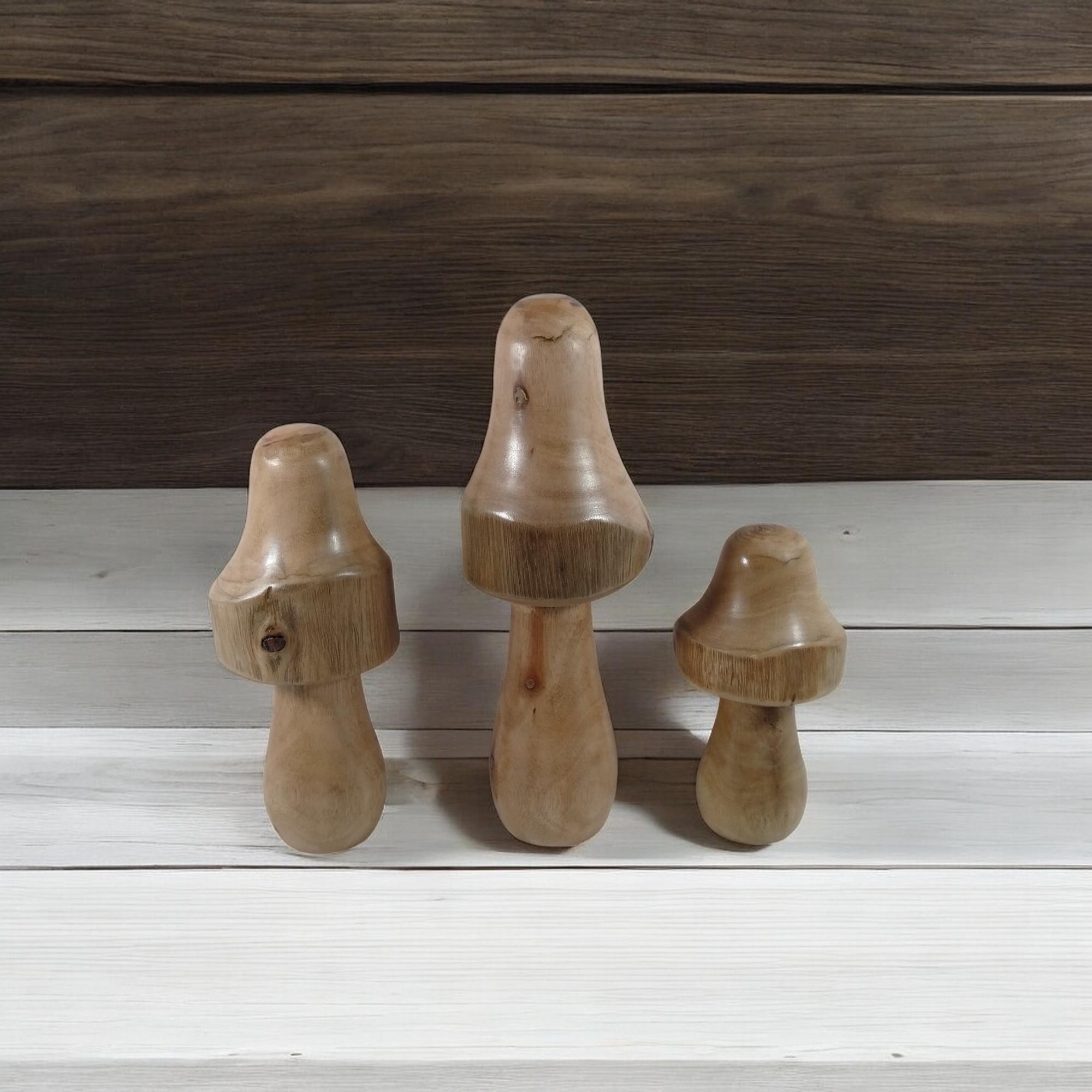 Set of 3 Antique Wooden Mushroom Figurines - Hand carved Liptis Wood, 7.5", 6.5", 5.5", Farmhouse & Garden Decor
