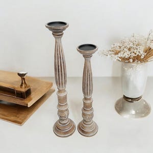 Set of 2 Whitewash Wooden Pillar Candle Holders - Rustic Mango Wood Farmhouse Decor