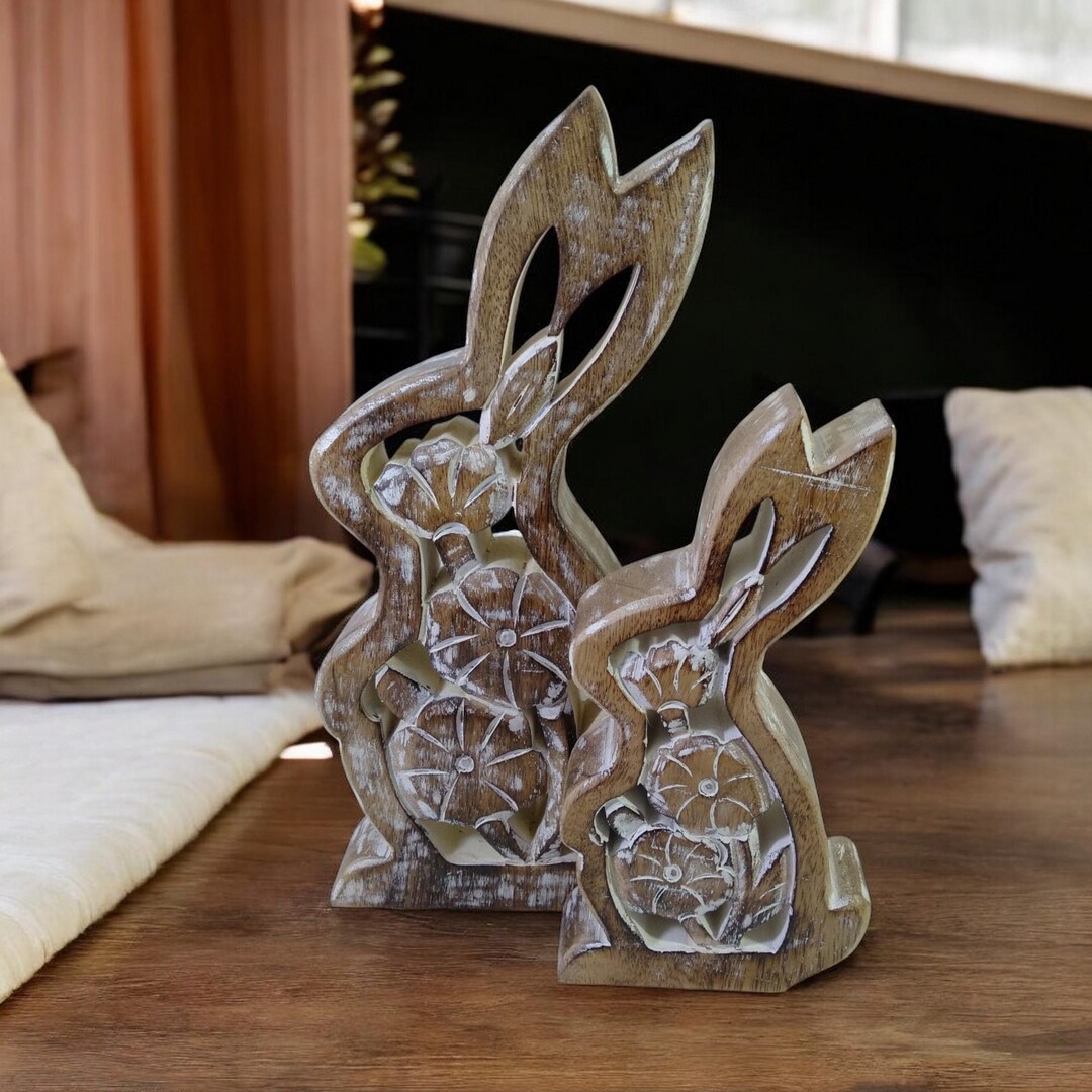 Set of 2 Whitewashed Rustic Wooden Bunny Décor Handcrafted Freestanding ...
