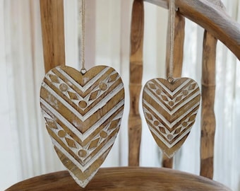 Handmade Mango Wood Hearts - Set of 2 | Whitewash Carved Decor for Weddings & Gifts