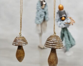 Set of 2 Wooden Mushroom Figurines, Brown with Silver Foil Decor