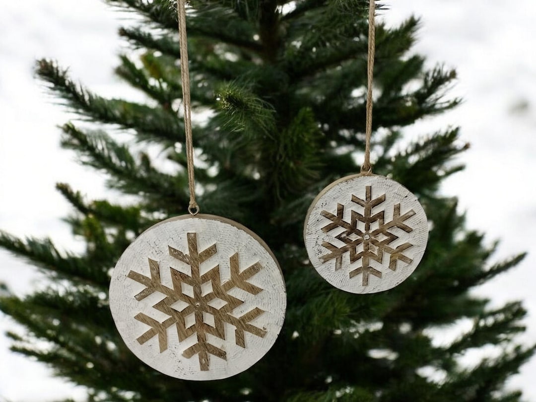 Rustic Wooden Snowflake Ornaments, Set of 2, Whitewash Farmhouse Decor ...