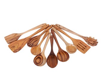 Teak Wood Cooking Spoons – 10‑Piece Set, Eco‑Friendly Non‑Stick Kitchen Utensils – Rustic Farmhouse Gift – Free US Shipping