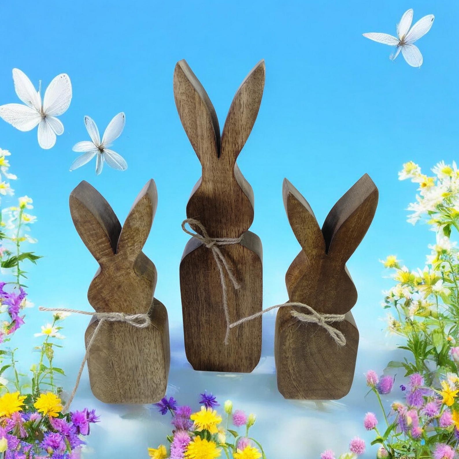 Set of 3 Rustic Wooden Bunnies With Jute Rope Neck – Freestanding Brown ...