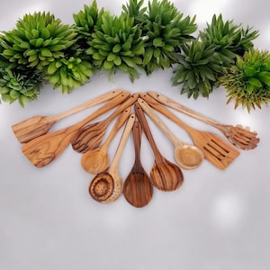 10-Pieces Teak Wood Spoons, Wooden Utensils, Wood Spoons, Handmade Kitchen Utensils with Olive Oil Finish, Cooking Utensils, Cooking Tools.