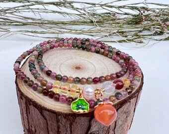 Tourmaline 3 Row Wrap Stretch Bracelet with Charms, 3.5mm+ Beads, 21 Inch Length, Gift for her
