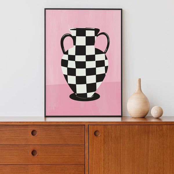 Pop Art Flower Vase Printable Wall Decor | Checkered Vase with Pink Background Printable Art | Boho Vase Print | Minimalist Wall Decor