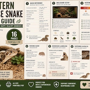 May include: A 16-page Western Hognose Snake care guide printable PDF featuring detailed sections on enclosure setup, heating, lighting, feeding, behavior, and health. The document includes charts, checklists, and illustrations of a brown patterned snake.