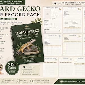 Può includere: Un pacchetto digitale di registri per allevatori di gechi leopardo con copertina verde scuro a spirale e illustrazione di un geco. Include diverse pagine stampabili per tracciare riproduzione, incubazione, schiusa, salute e finanze.