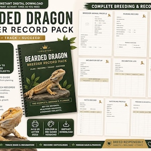 May include: A digital bearded dragon breeder record pack featuring a spiral-bound planner cover with a lizard image, plus various printable tracking sheets for breeding, incubation, hatchlings, and sales, all displayed on a light background.