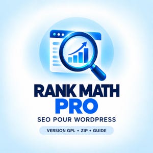 Puede incluir: Un gráfico digital que muestra una lupa azul sobre una ventana de navegador con un gráfico de barras ascendente. El texto dice RANK MATH PRO, SEO POUR WORDPRESS y VERSION GPL • ZIP + GUIDE en letras azules y azul marino sobre un fondo azul claro.