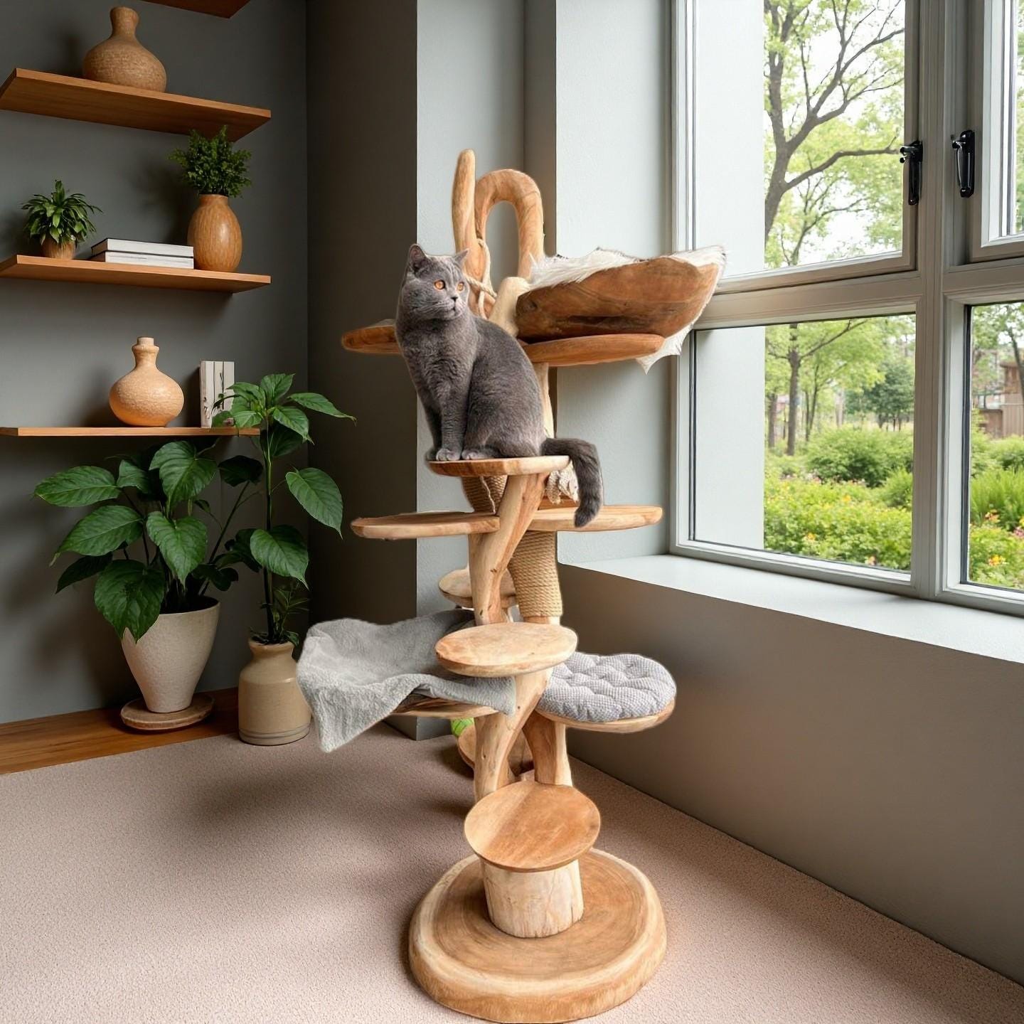 Handmade Wooden Cat Tree,Natural Branch Cat Tower with 12 Spacious Shelves,Sturdy Indoor Cat Furniture,Unique Living Room Pet Decor