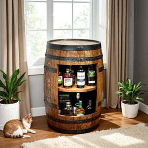 Refurbished Whiskey Barrel Cabinet | Rustic Charm & Practical Storage | Upcycled Barrel Furniture for Home Bar
