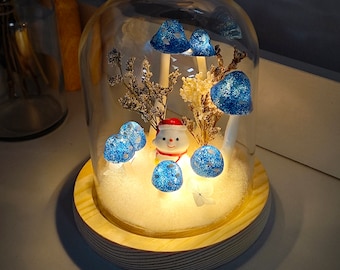 Enchanting Snowman Blue Mushroom Lamp - Handmade Mushroom Lamp - Christmas gifts - anniversary gift - himsical Winter Decor for Your Home