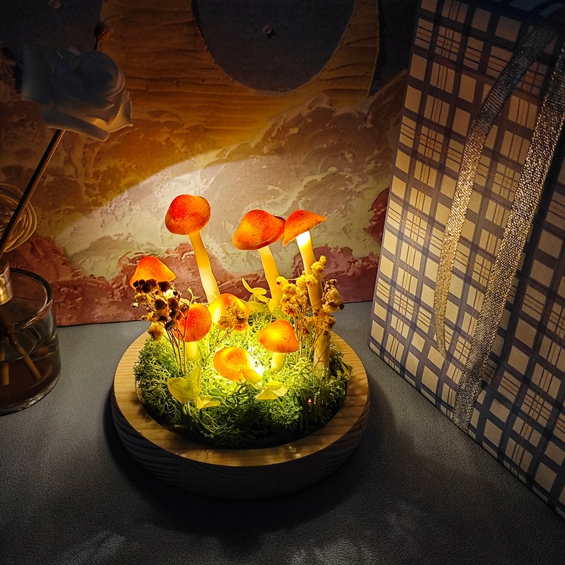 Luces de hongos hechas a mano / Hongo amarillo anaranjado del bosque / Lámpara de hongos original / Luz de regalo / Regalo creativo / Iluminando la magia de la naturaleza imagen 8
