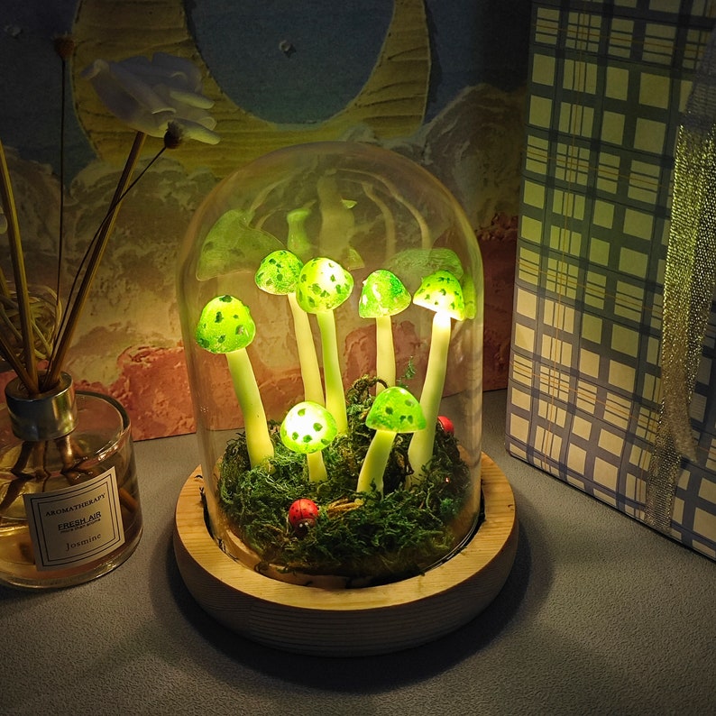 Handmade Green Spotted Mushroom Lamp Unique Mushroom Light Night Forest Green Mushroom Whimsical Mushroom Lamp Gift Light image 1