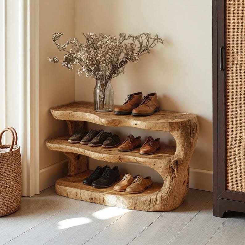 3-Tier Wooden Shoe Rack Bench,Handmade Entryway Storage with Seat,Customizable Shoe Organizer&Bag Holder,Rustic Solid Wood Hallway Furniture