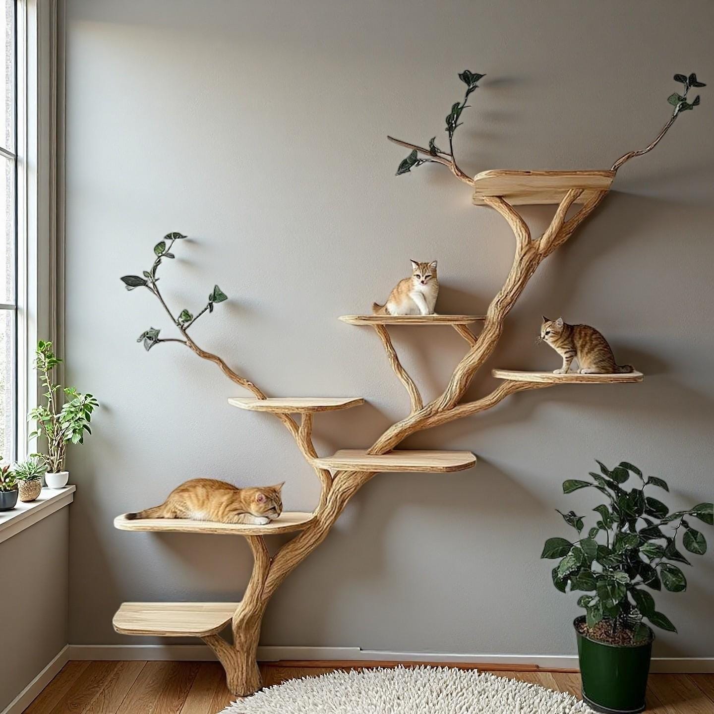 Wooden Branch Cat Tree | Natural Solid Wood Cat Tower | Handmade Indoor Cat Furniture | Tree-Shaped Pet Shelf for Living Room Decor