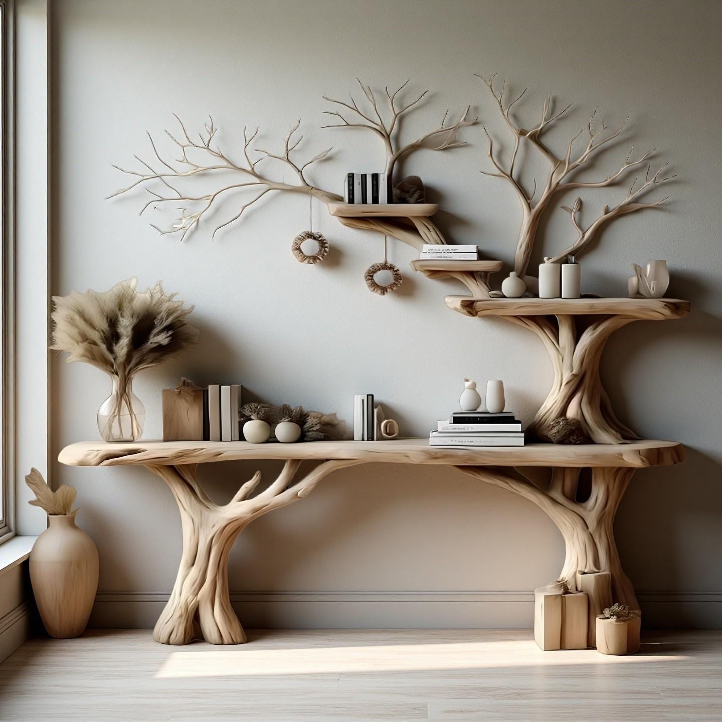 Rustic Console Table with Twig Bookshelf | Handmade Natural Wood Entryway Table | Narrow Live Edge Farmhouse Hall Table with Shelf
