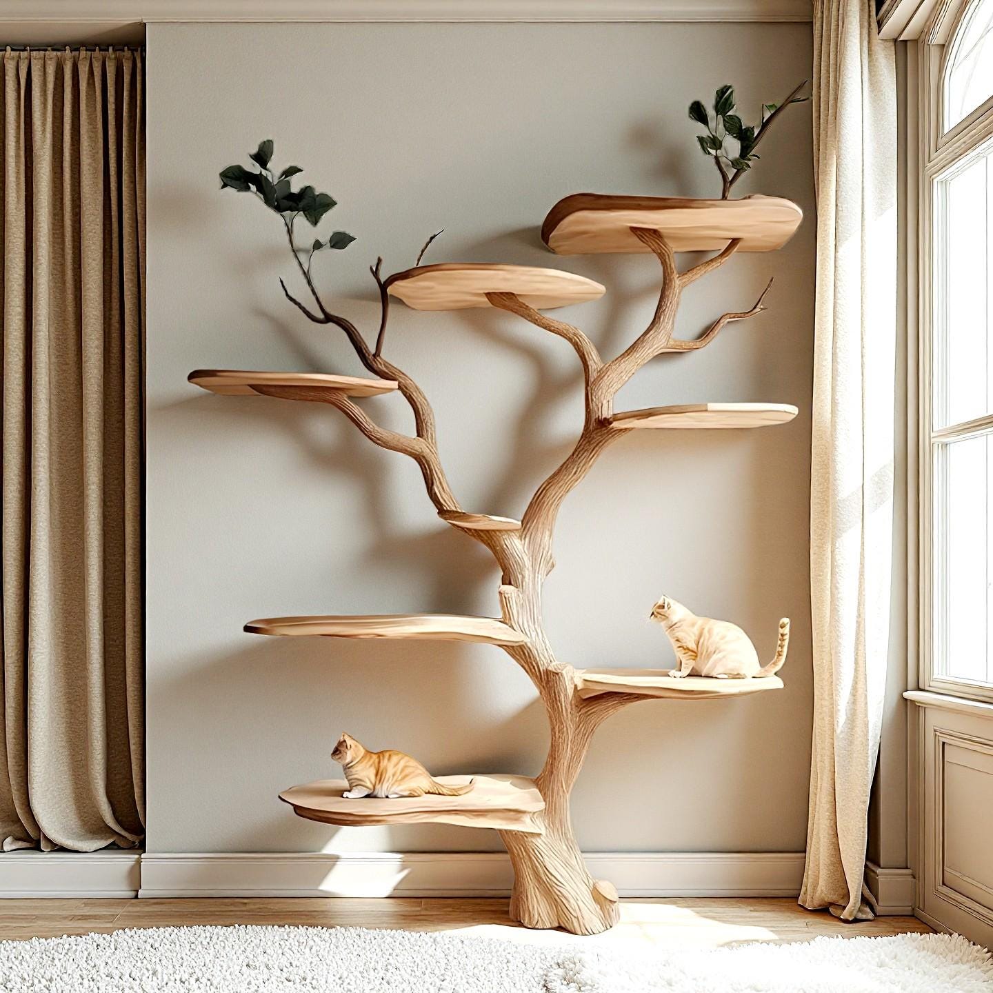 Handmade Wooden Tree Cat Tower | Natural Indoor Cat Tree with Shelves | Unique Wood Cat Furniture for Living Room Décor