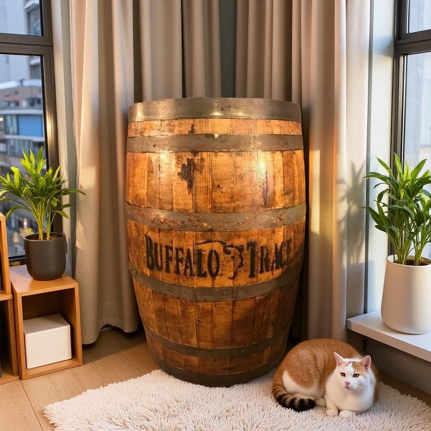 Whiskey Barrel Cabinet for Living Room | Bar Cart & Bottle Storage | Rustic Whiskey Barrels Furniture