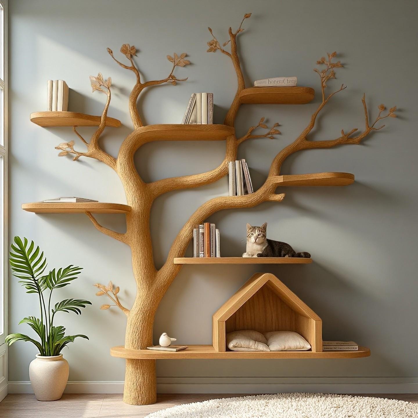Natural Wood Cat Tree | Handmade Pet Shelf & Tree-Shaped Wall Decor | Unique Cat Furniture for Living Room | Organic Wooden Cat House
