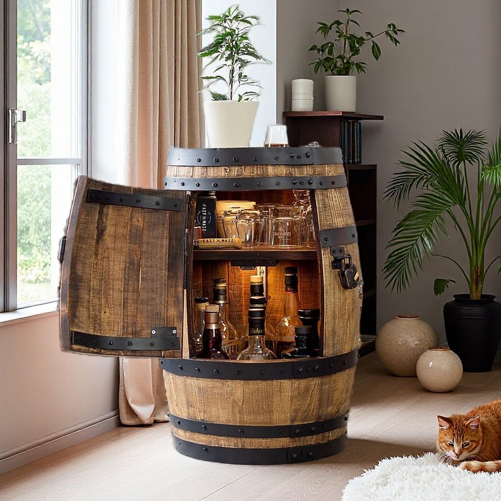Whiskey Barrel Pub Table Top & Built-In Drinks Cabinet | Handmade Recycled Oak Cask Bar Furniture | Rustic Home Bar