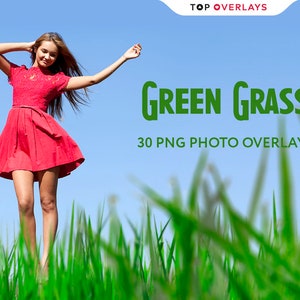 May include: A woman in a red dress stands in a field of green grass. The text "GREEN GRASS 30 PNG PHOTO OVERLAYS" is visible in the image.