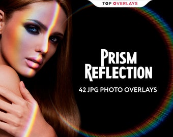 May include: A woman with long brown hair has a rainbow prism light shining on her face. The background is black with a rainbow prism overlay. The text "PRISM REFLECTION 42 JPG PHOTO OVERLAYS" is in white text on the black background.