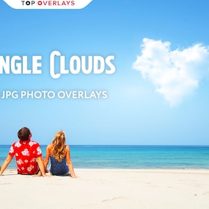 May include: A beach scene with a heart-shaped cloud in a blue sky. The text "Single Clouds" and "50 JPG Photo Overlays" is displayed. Two people sit on the sand, facing the ocean. One wears a red shirt, the other a blue top.