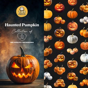 May include: A collection of 32 haunted pumpkin overlays and backgrounds. The image shows a variety of pumpkins with different expressions, including scary, spooky, and funny. The pumpkins are in various colors, including orange, white, and green. The background is black.
