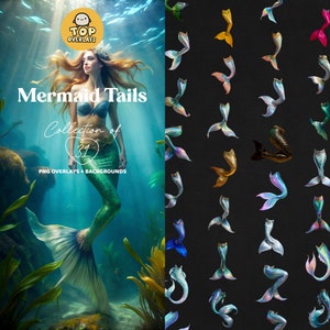 Può includere: Una collezione di 31 sovrapposizioni e sfondi PNG di coda di sirena. L'immagine mostra una sirena con lunghi capelli biondi e una coda verde, che nuota in un oceano blu con alghe verdi. Le code sono di vari colori e stili, tra cui iridescenti, squamose e scintillanti.