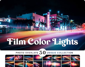 30 Film Color Lights Photo Aesthetic Light Trails Overlays Adobe Photoshop Actions, Film Lights, Cinematic Vintage Effect, Digital Design.
