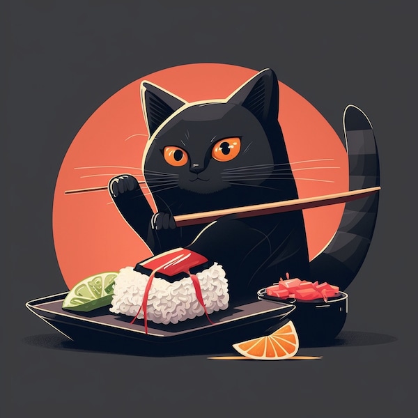 Lustige schwarze Katze, die Sushi isst Sushi-liebender niedlicher und wunderlicher Digitaldruck für T-Shirts Tassen İHandyhüllen